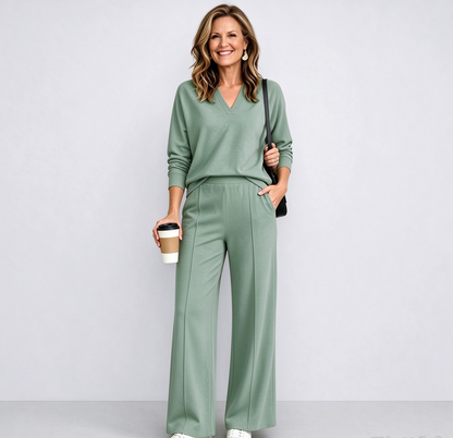 The Tailored V-Neck & Pintuck Wide-Leg Two-Piece Commuter Set