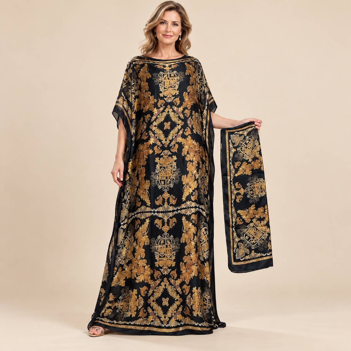 Printed Kaftan Maxi Dress & Matching Scarf Set