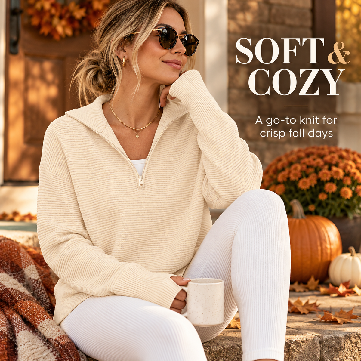 🍂 Cozy Fall Fashion | Women's Long Sleeve Quarter-Zip Pullover Sweater, Loose V-Neck Collared Ribbed Knit Jumper with Thumb Holes ✨