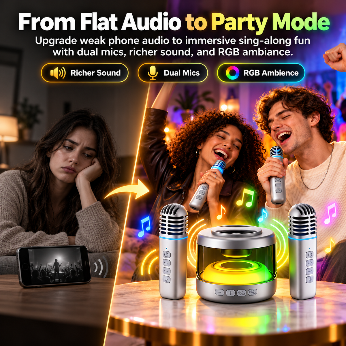 Portable Mini Karaoke Machine with Dual Wireless Microphones, 360° Sound & RGB Lights