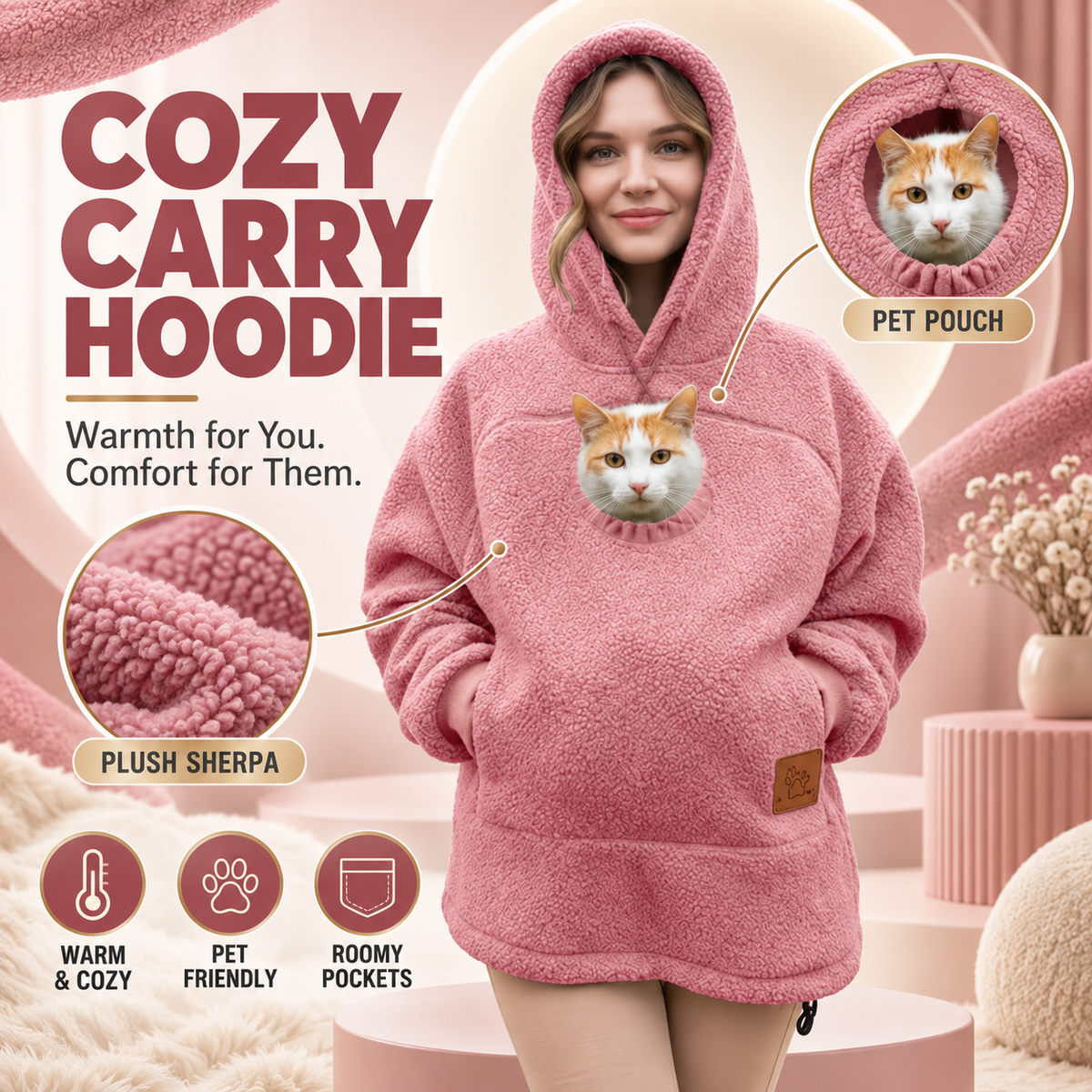 Oversized Sherpa Hoodie with Built-In Pet Pouch