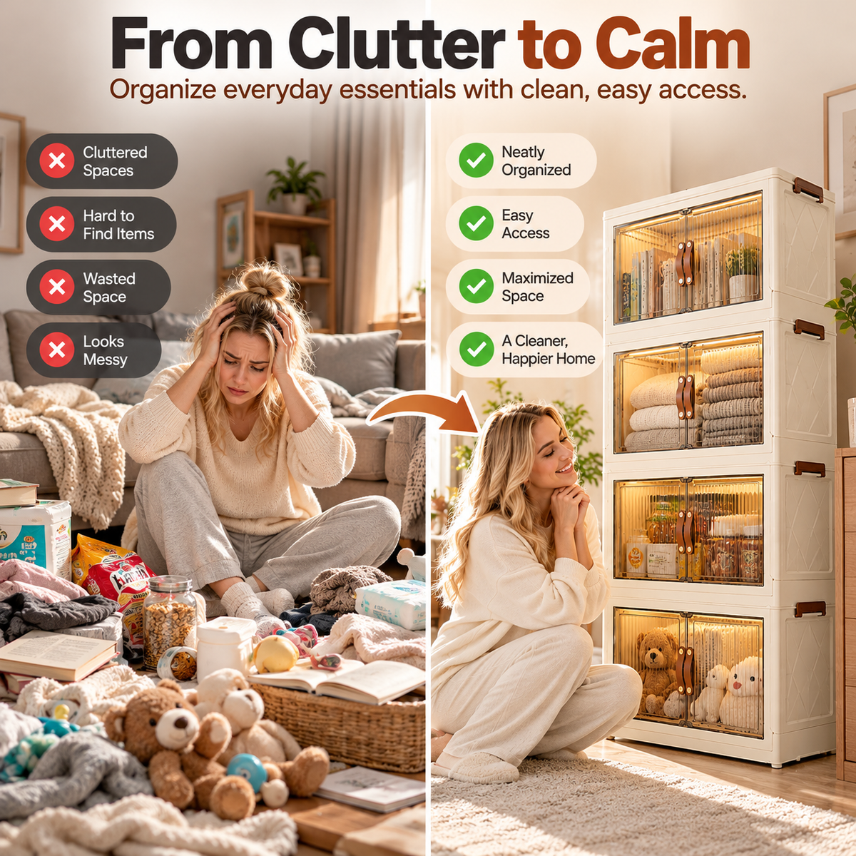 Large Capacity Foldable Storage Cabinet with Magnetic Doors & Stackable Design