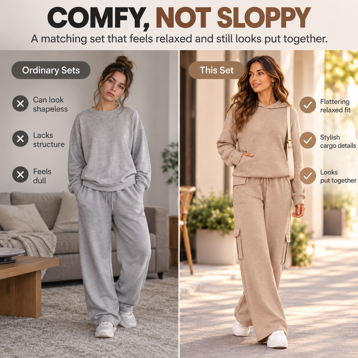 Women’s Soft Hooded Lounge Set with Wide-Leg Cargo Pants & Pockets