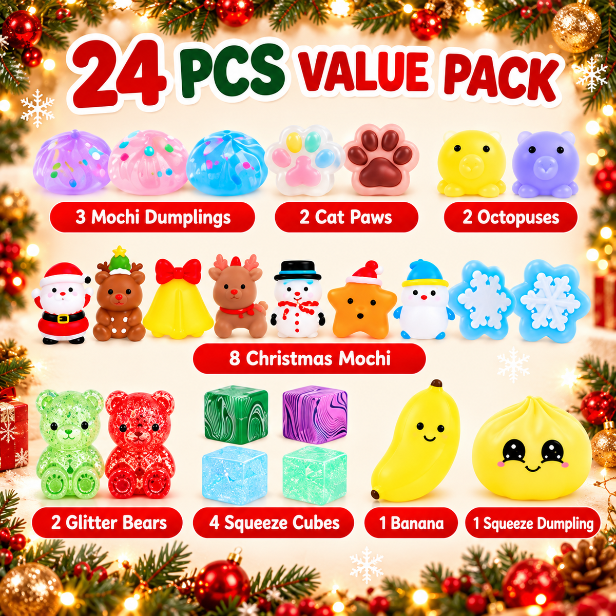 Assortment of Christmas squishy toys including bears, paw prints, mini holiday characters and colorful cubes