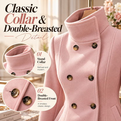 🌸 Women's Elegant Double-Breasted Coat – Flattering Tailored Waist, Stand Collar & Flared Hem