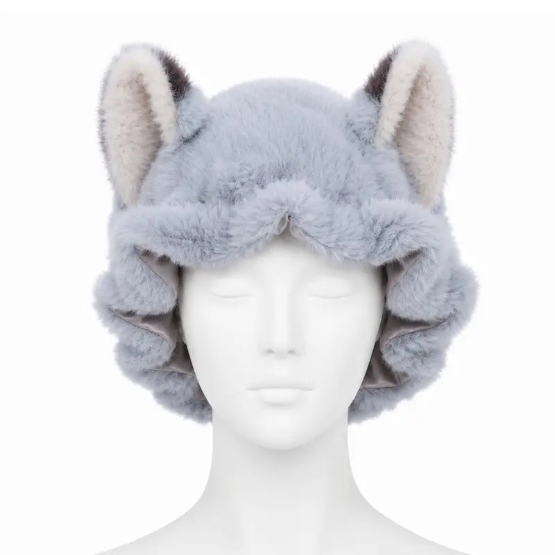 🦊 Plush Fox Ear Sleep Bonnet – Satin Lined & Adjustable for Gentle Hair Care ✨