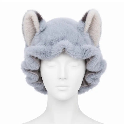 🦊 Plush Fox Ear Sleep Bonnet – Satin Lined & Adjustable for Gentle Hair Care ✨