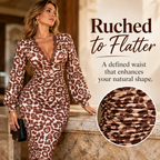 Women's Sexy Long Sleeve Leopard Bodycon Dress with Lace V-Neck & Back Slit