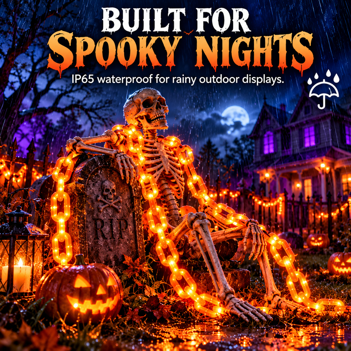 Rainy Halloween scene featuring illuminated outdoor chain lighting and IP65 claim