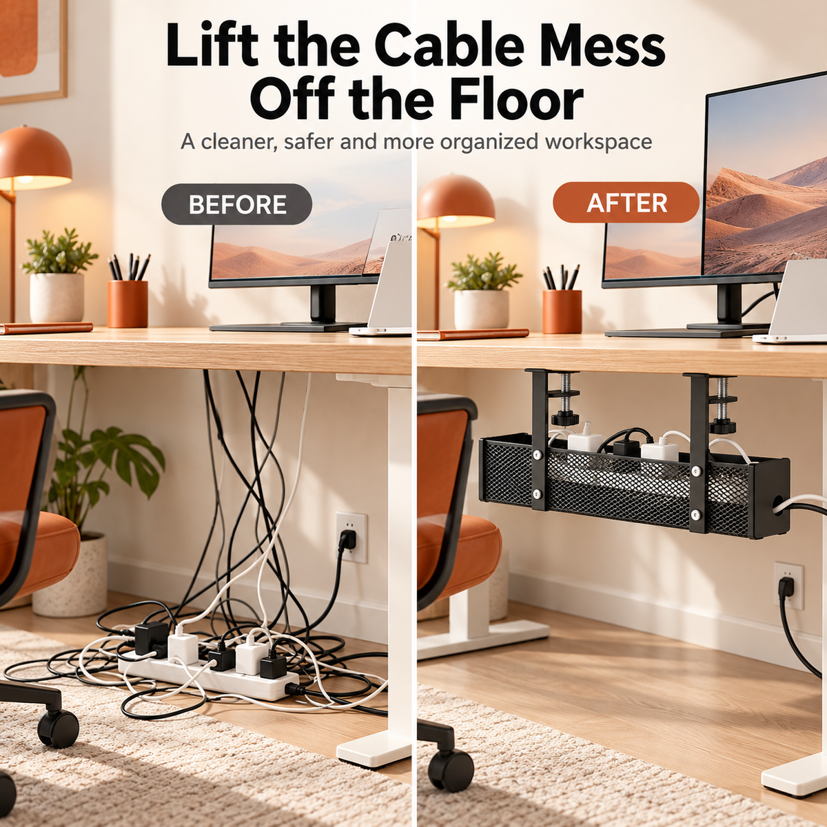 Under-Desk Cable Management Tray – No-Drill Clamp Organizer for Desks Up to 2" Thick