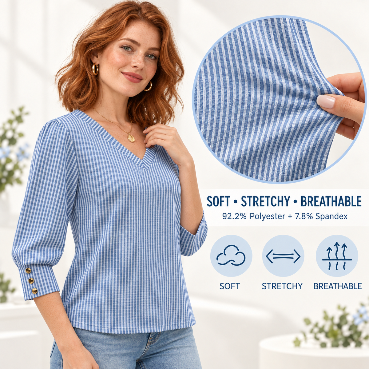 Women’s 3/4 Sleeve V-Neck Dressy Casual Top