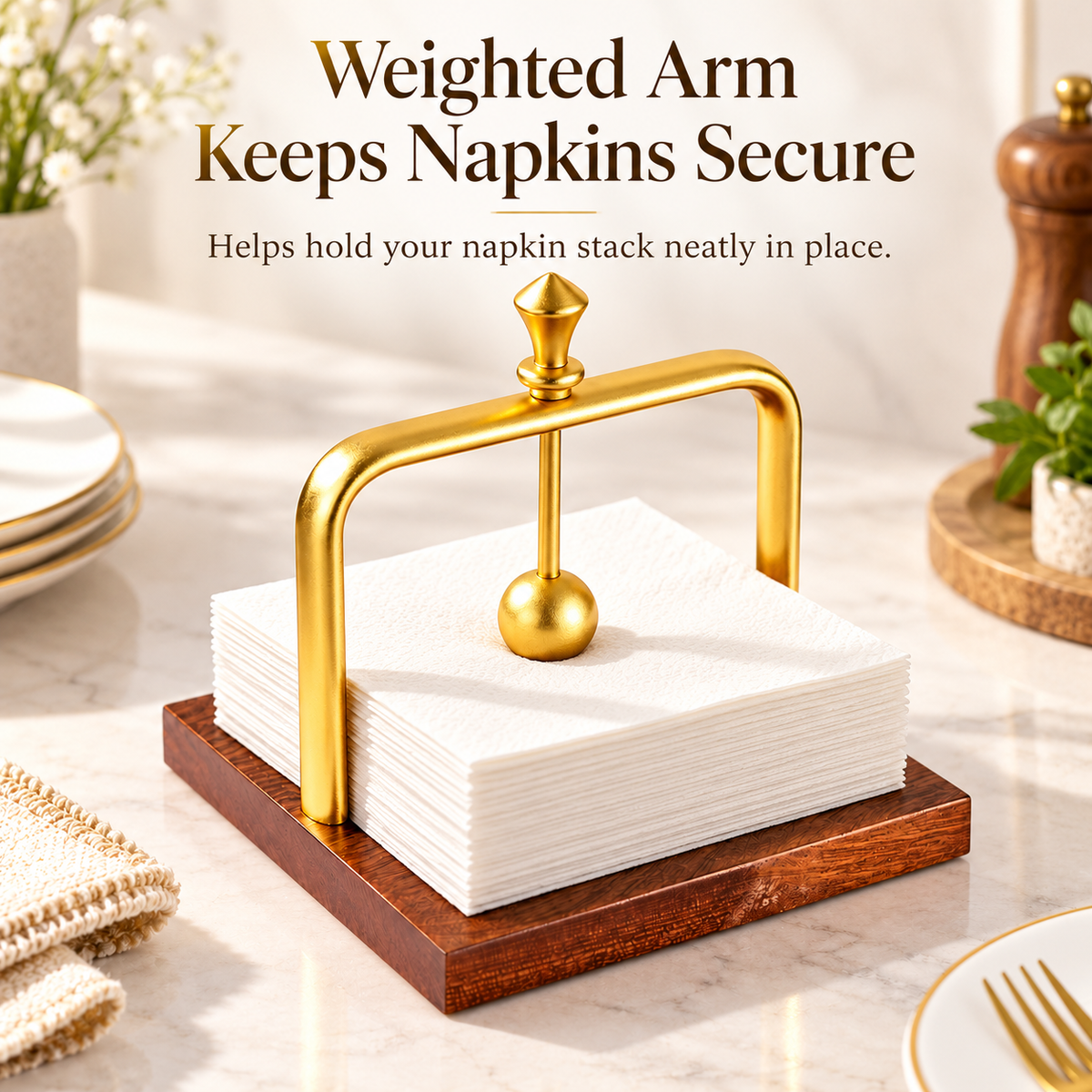 Gold & Wood Weighted Napkin Holder with Secure Arm
