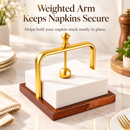 Gold & Wood Weighted Napkin Holder with Secure Arm