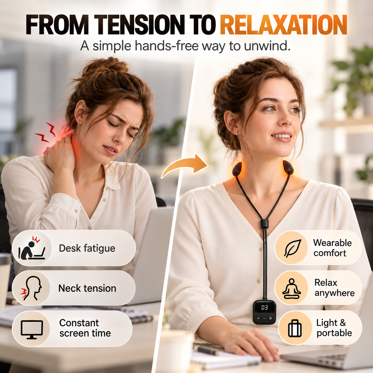 Wearable Neck Massager with Heat – 4 Massage Modes, 9 Intensity Levels & Up to 15-Day Battery Life