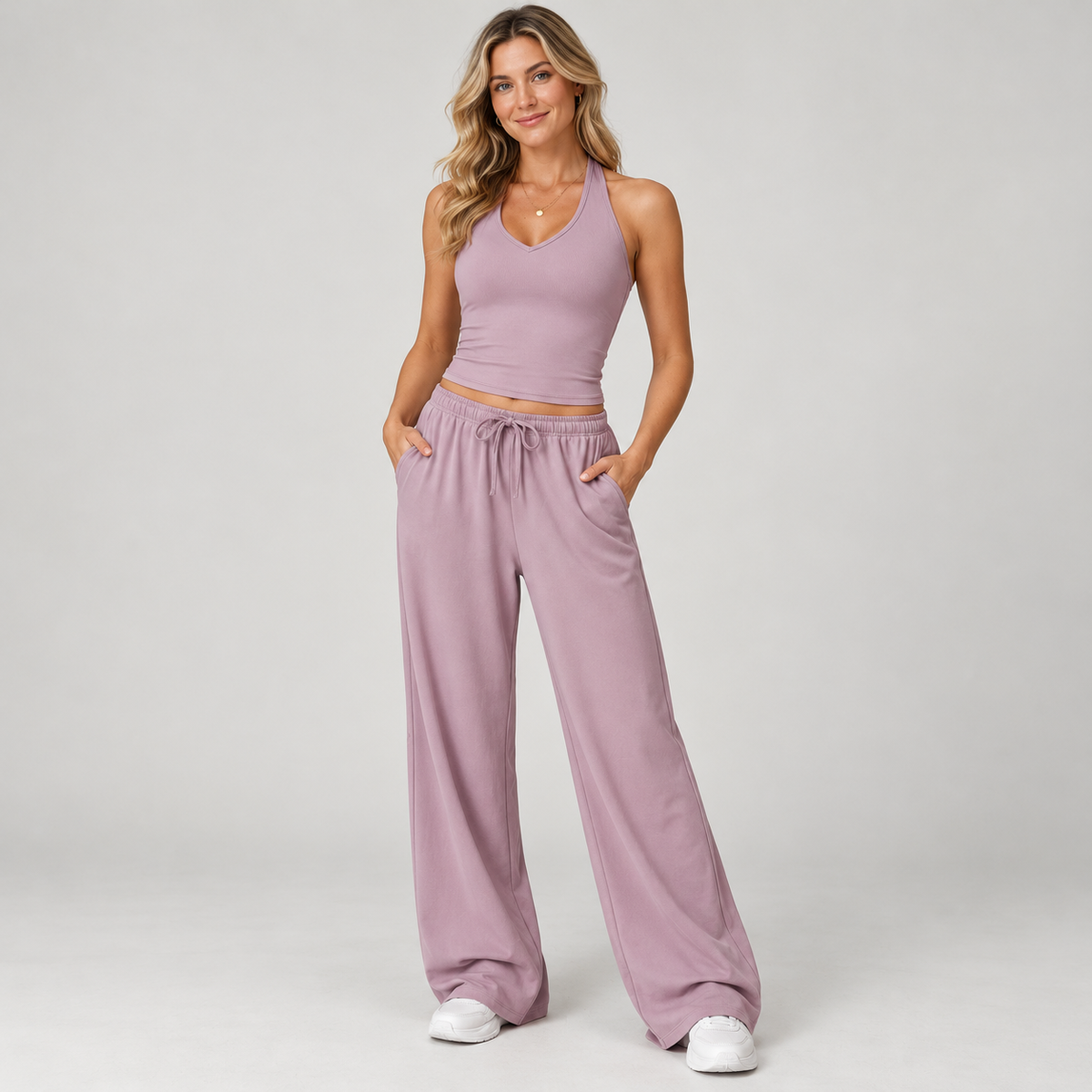 ✨ Women's Comfy 2-Piece Lounge Set – Halter Tank Top & Relaxed Wide Leg Pants