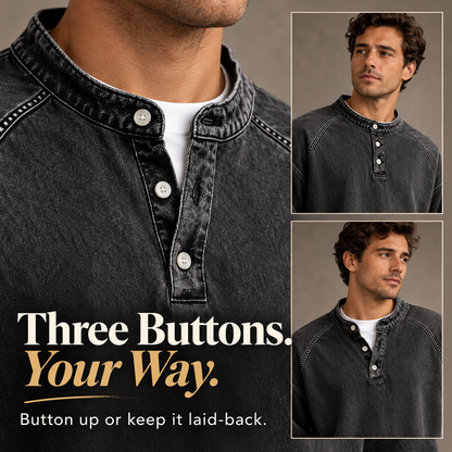 Vintage Wash Henley Sweatshirt | Casual Loose Fit Long Sleeve Top