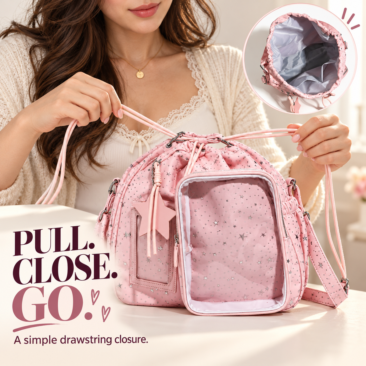 ✨ Star-Embossed Ita Bag | Convertible Drawstring Backpack & Shoulder Bag with Clear Window 🎒