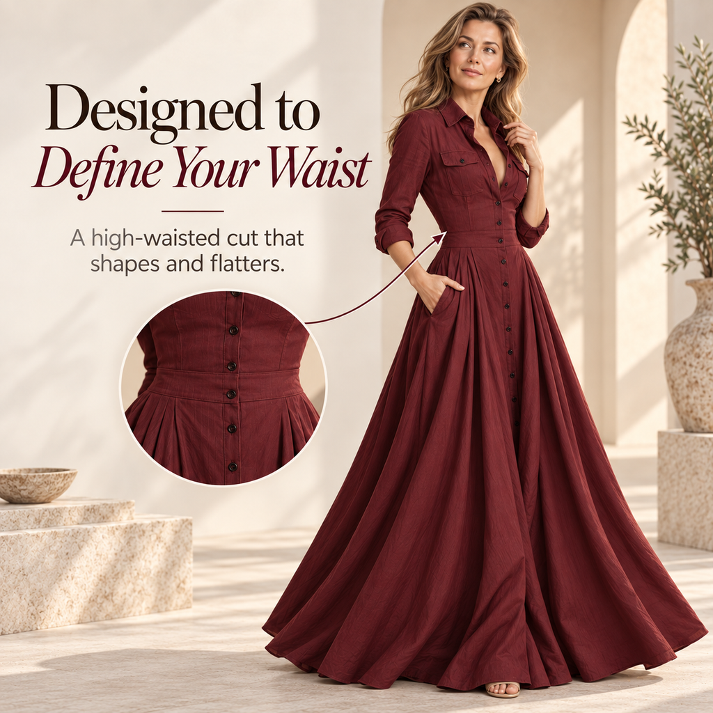 Women's Long-Sleeve Collared Button-Front Maxi Dress