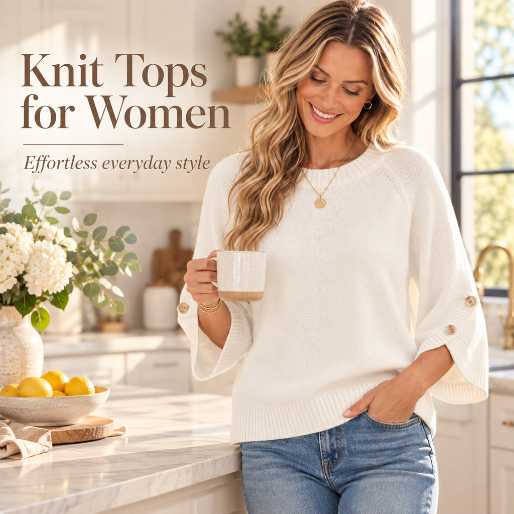Women's 3/4 Sleeve Knit Sweater with Button-Detail Cuffs
