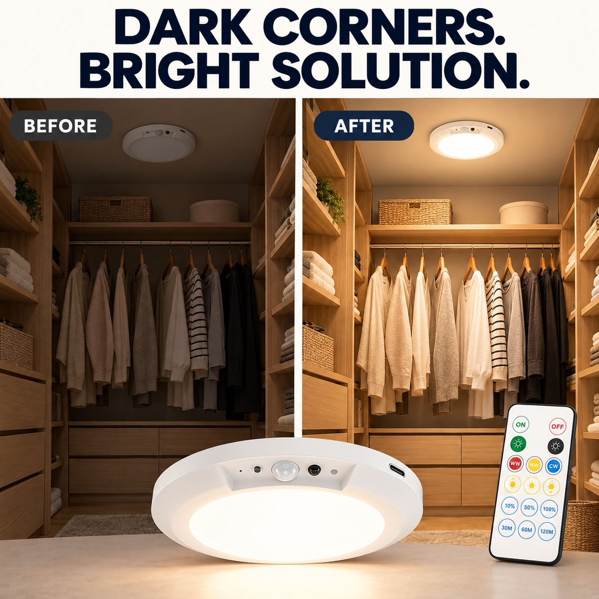 Rechargeable Motion Sensor Ceiling Lamp - Magnetic Ceiling Mount, Remote-Controlled