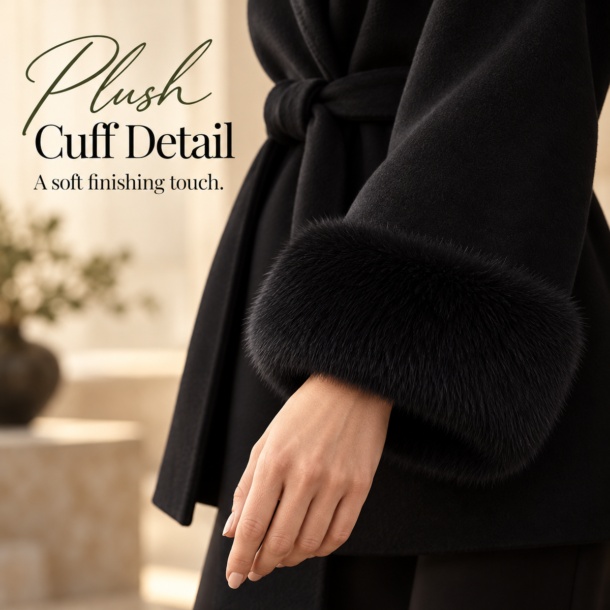 Women's Luxury Plush-Cuff Belted Wrap Coat | Elegant Fall & Winter Thermal Jacket