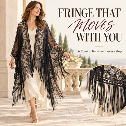 Elegant Floral Lace Kimono Wrap with Flowing Fringe | Evening & Wedding Shrug