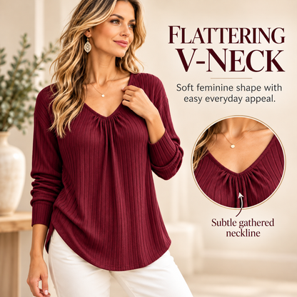 Women’s Ribbed V-Neck Relaxed Long Sleeve Top