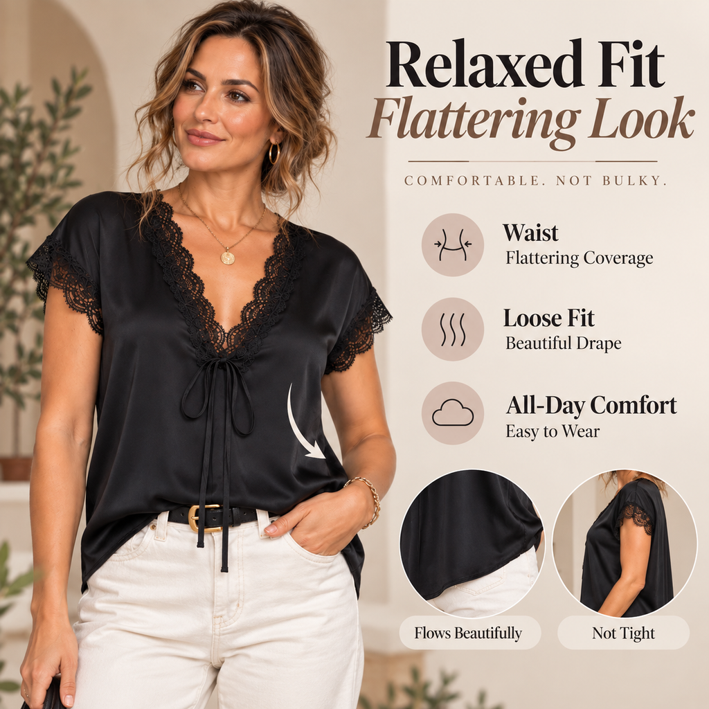 Women's Satin Lace V-Neck Blouse – Elegant Tie-Front Short Sleeve Top