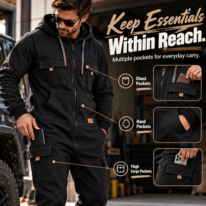 🛠️ Men's Utility Cargo Jumpsuit – Hooded Zip-Front One-Piece Workwear with Multiple Pockets