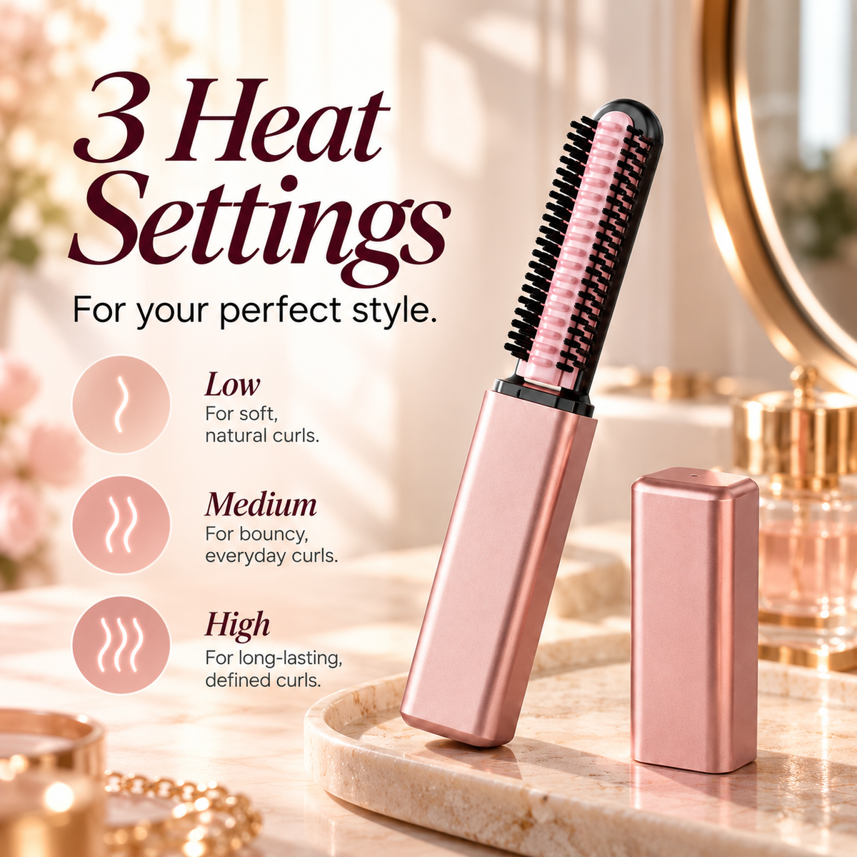 Pocket Curl heated styling brush with three heat settings low medium and high
