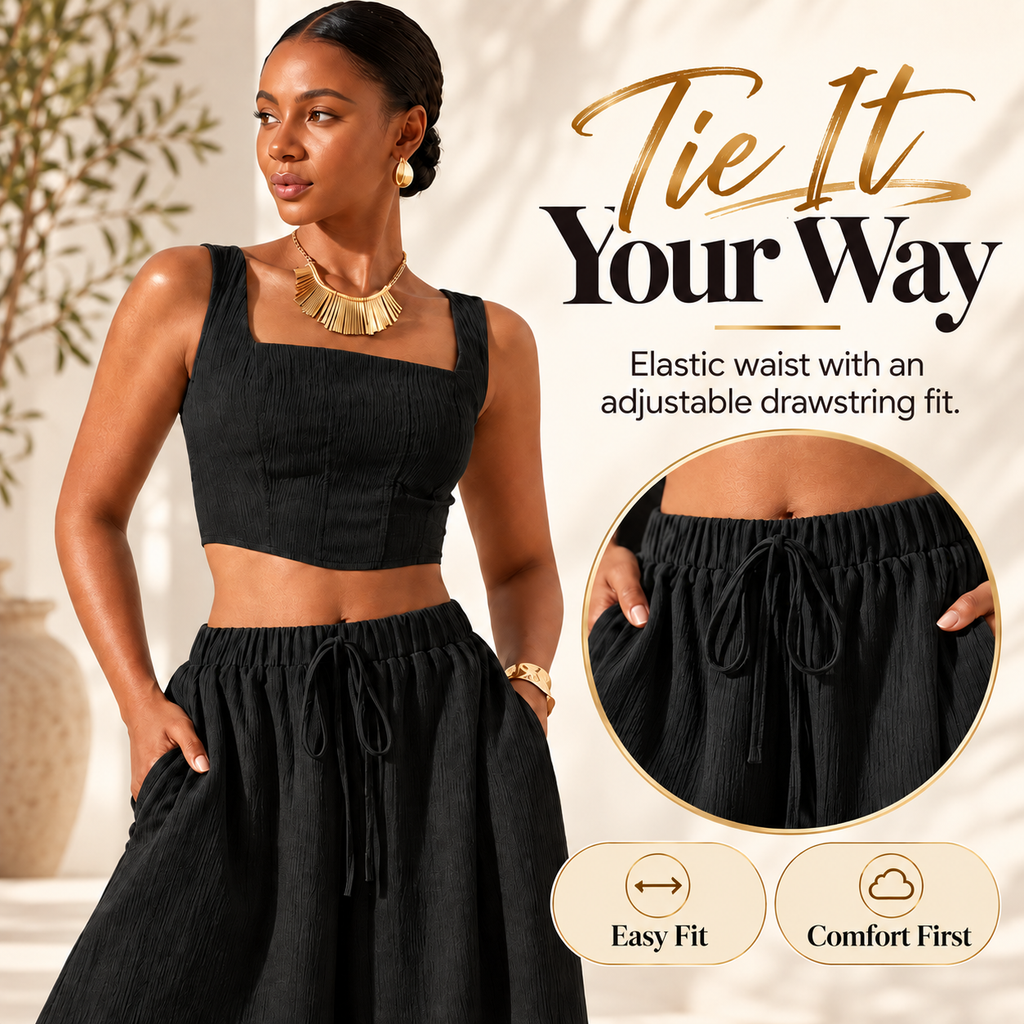 Women's Square Neck Two Piece Set – Flowy Wide Leg Pants Outfit