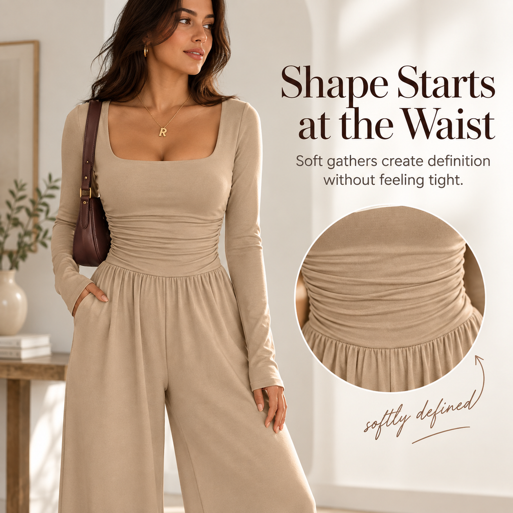 Women’s Square Neck Ruched Wide-Leg Jumpsuit