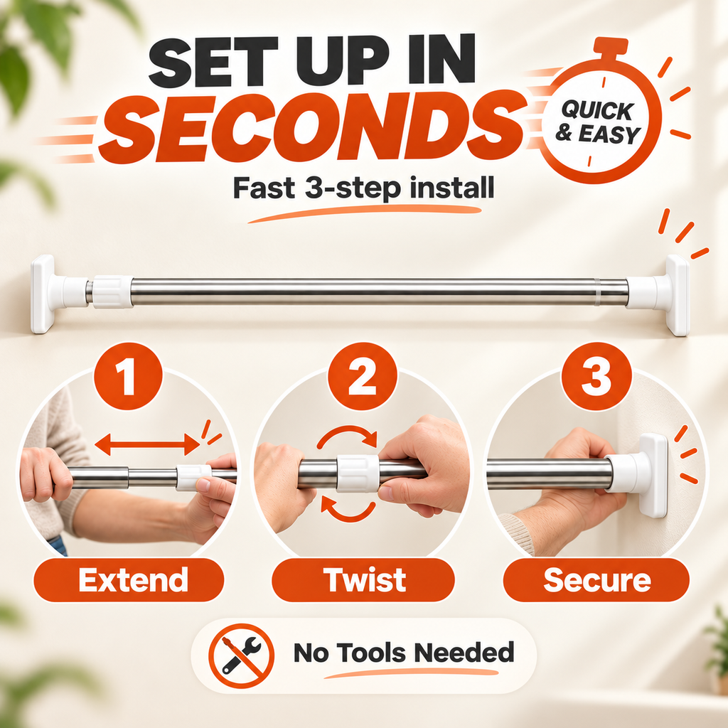 🛠️ Adjustable No-Drill Tension Rod for Closets, Bathrooms & Small Spaces