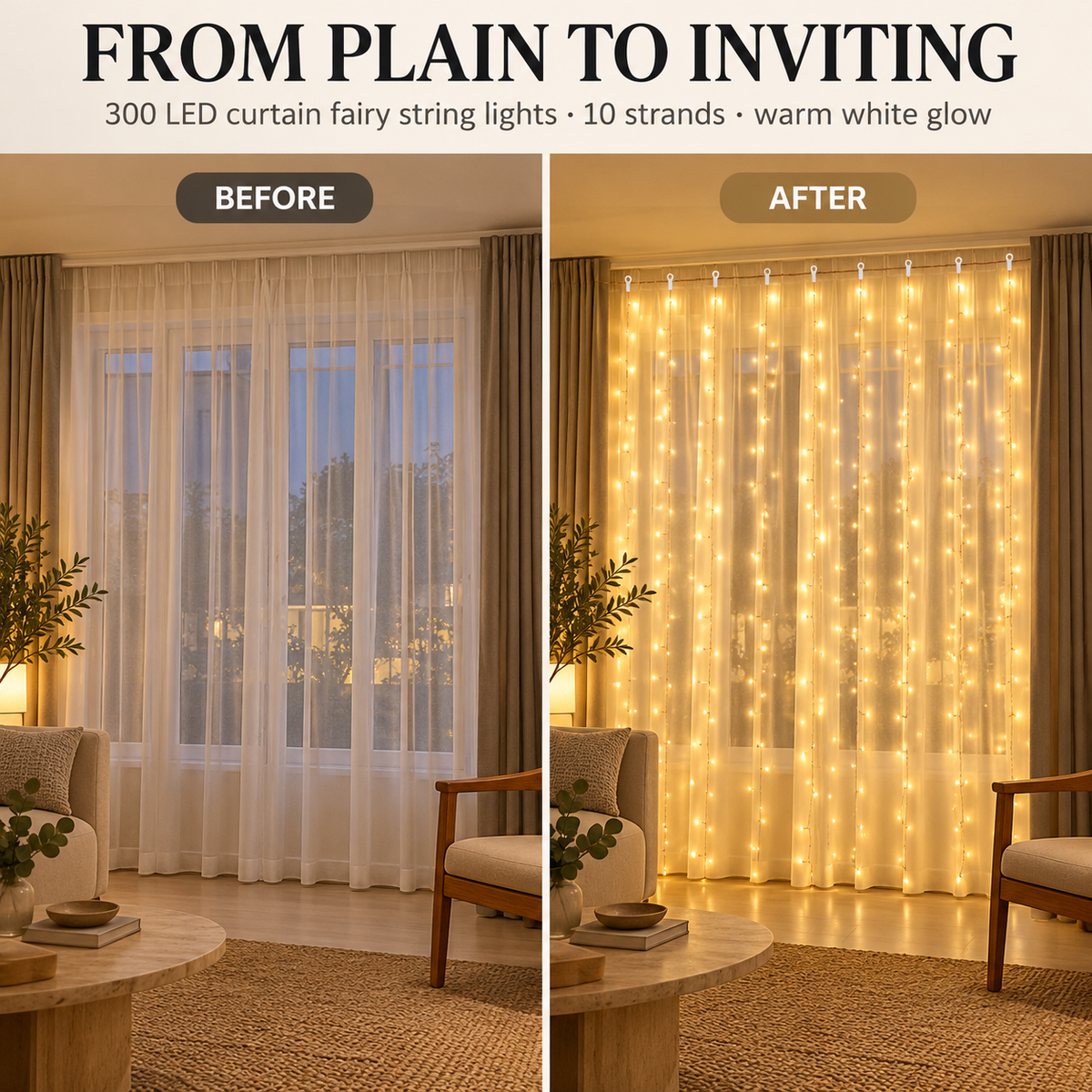 300 LED Curtain Lights – 9.8FT × 9.8FT, 8 Modes, Remote Controlled