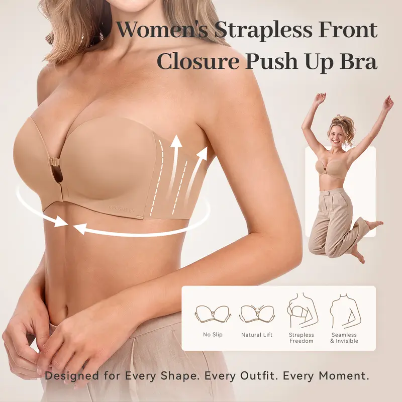 ✨Womens Strapless Front Closure Bra Push Up Lift Bra Padded Add Cup Non Slip Anti-Slip Grip & Removable Straps Fit Outfits Wireless Supportive Seamless