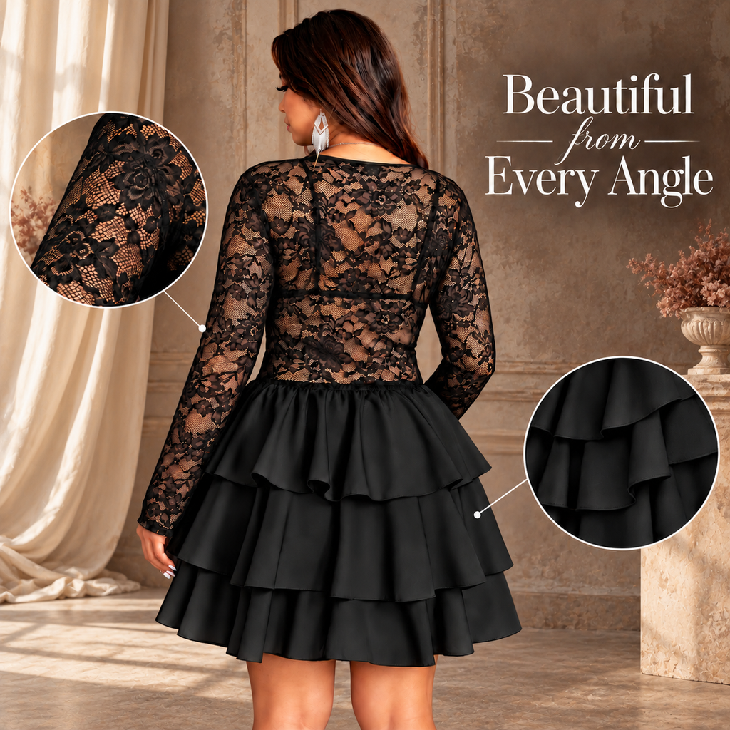 Plus Size Lace Tiered Ruffle Dress – Elegant Long Sleeve Party Dress