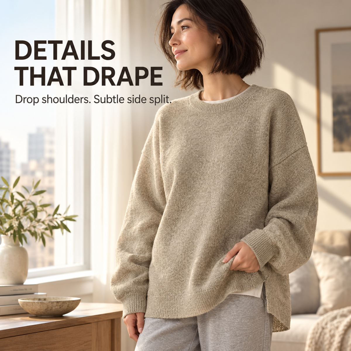 Women's Drop Shoulder Split Hem Oversized Loose Fit Baggy Sweater