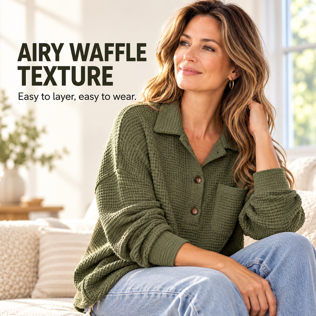 Women's Oversized Henley Waffle Shirts