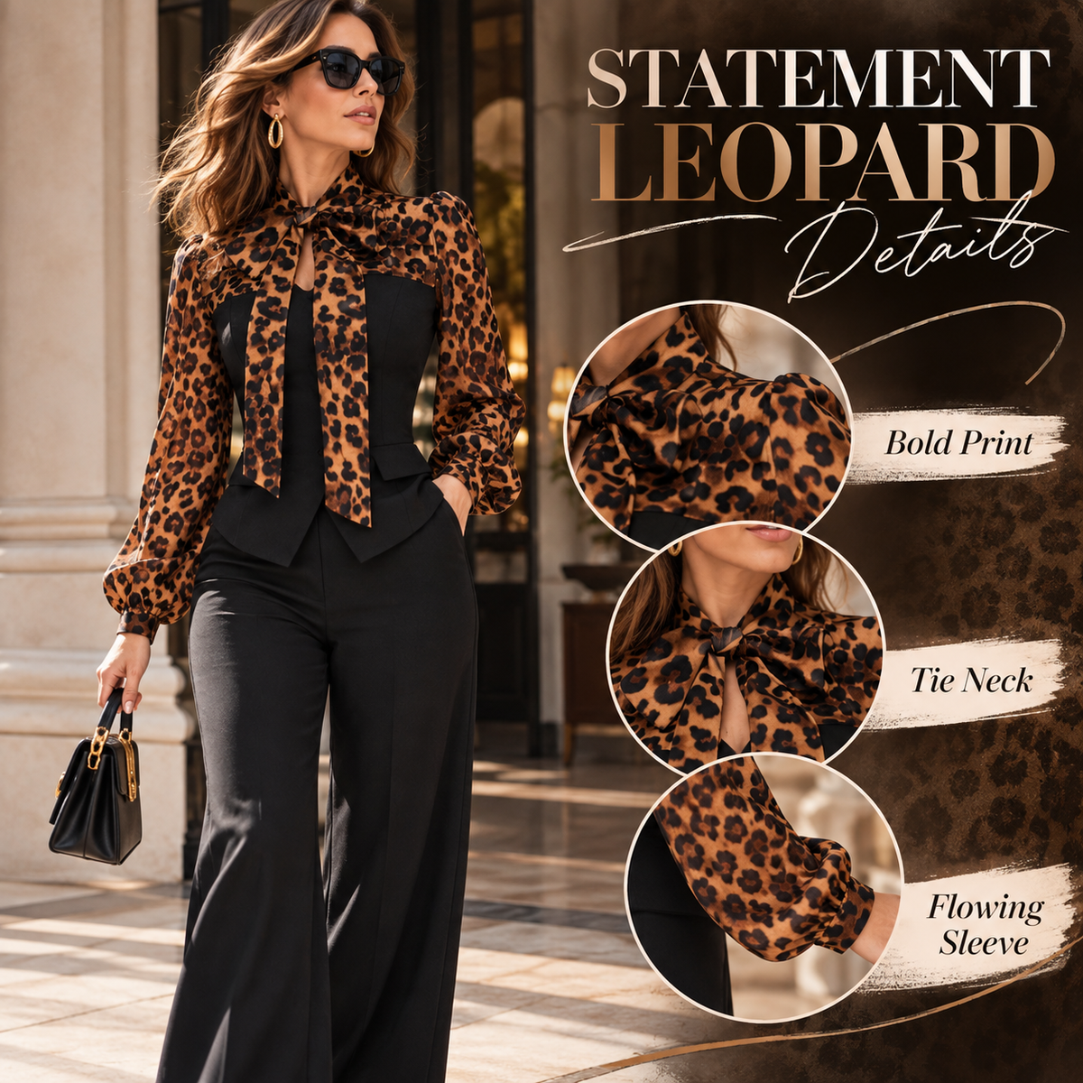 Casual Elegant Leopard Contrast Top & High-Waist Trouser Outfit