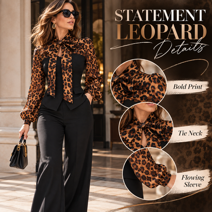 Casual Elegant Leopard Contrast Top & High-Waist Trouser Outfit