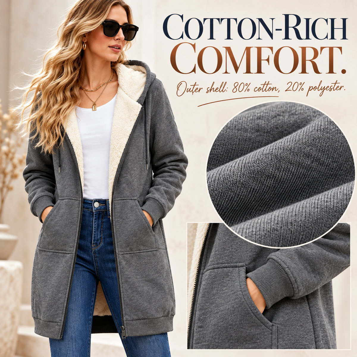 🧥 Cozy Days Sherpa-Lined Long Zip-Up Hoodie