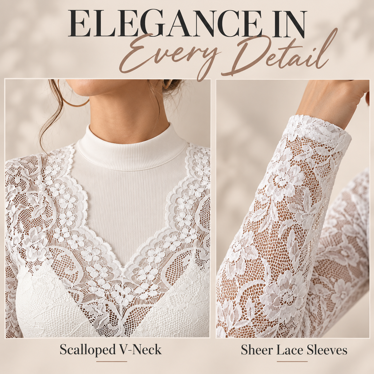 Women's Elegant V-Neck Floral Lace Long Sleeve Top