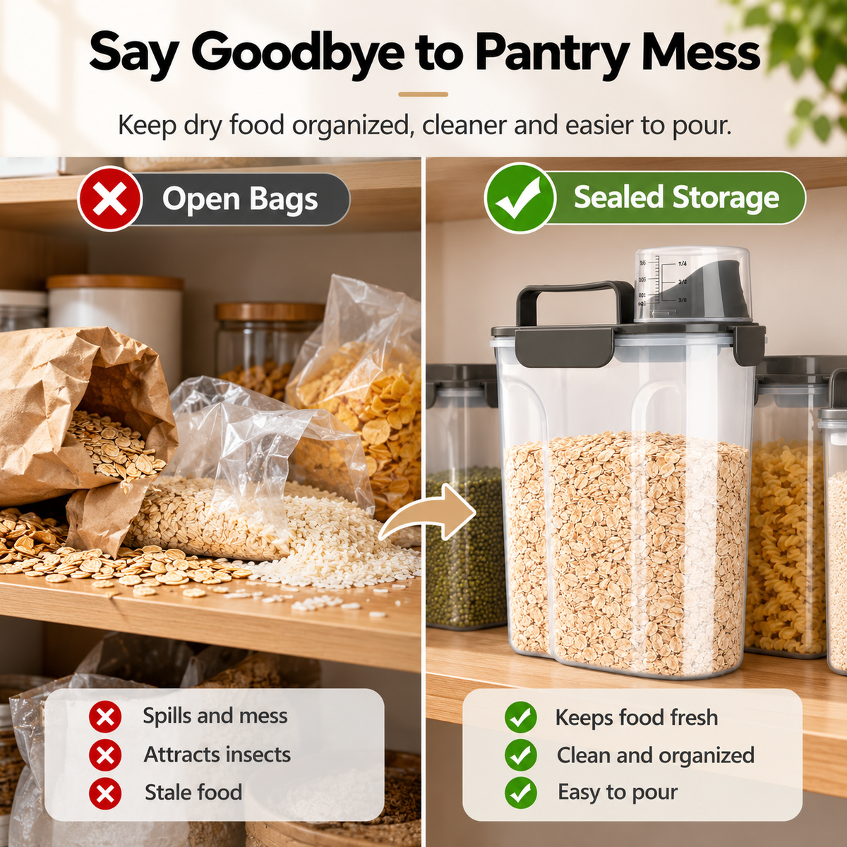 Airtight Dry Food Storage Container with Measuring Cup & Pour Spout