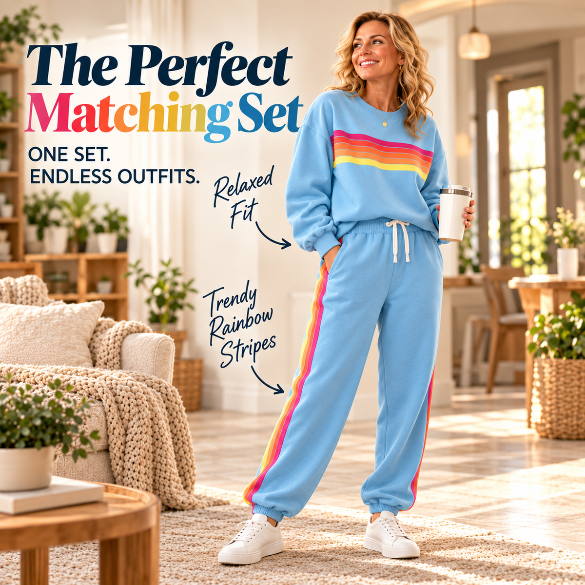 Woman wearing the matching sky-blue rainbow sweatshirt and jogger set