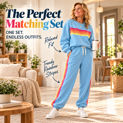 🌈Women's Retro Rainbow Stripe 2-Piece Set – Relaxed Sweatshirt & Drawstring Joggers 💕