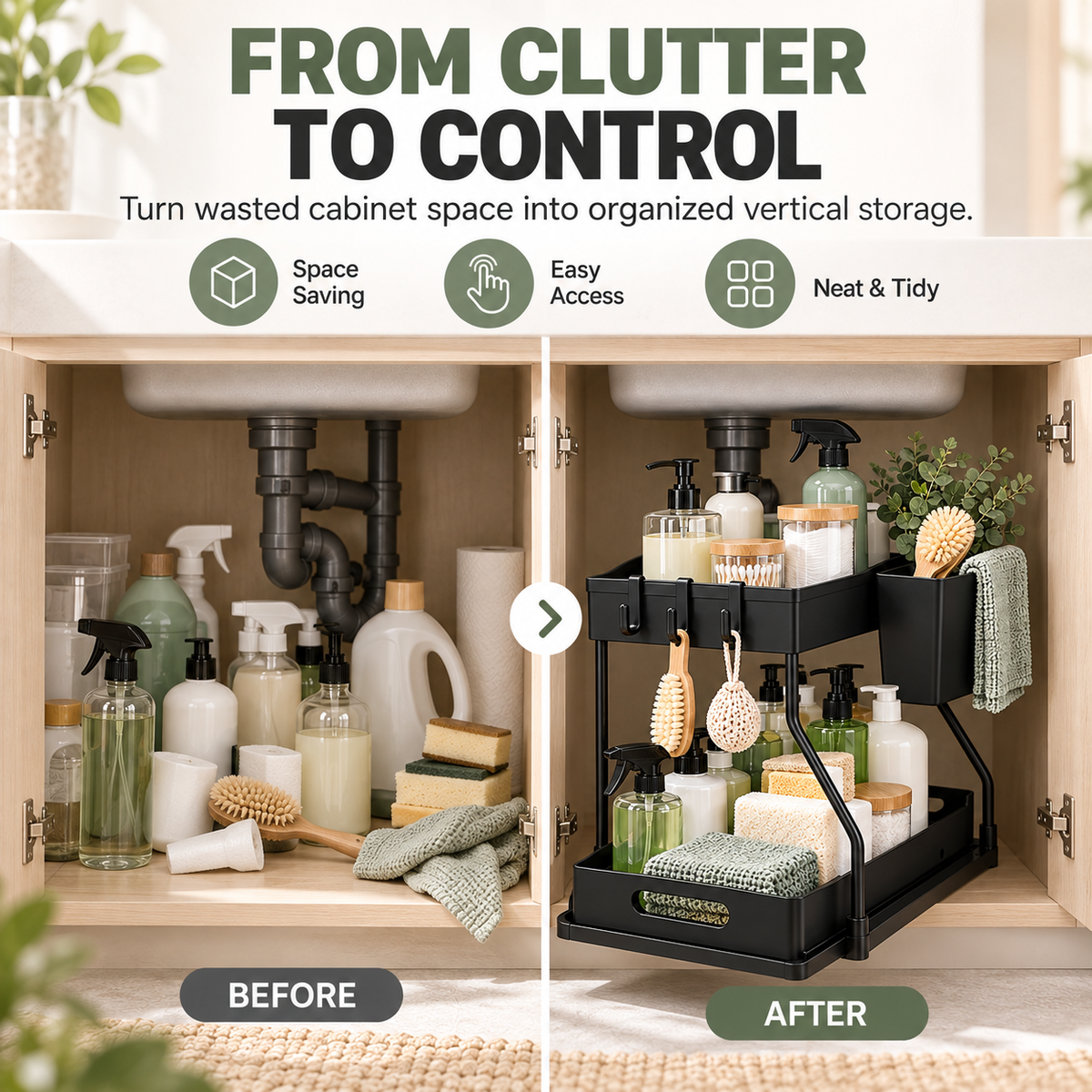 2-Tier Pull-Out Under-Sink Organizer with Hooks &amp; Side Basket
