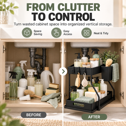 2-Tier Pull-Out Under-Sink Organizer with Hooks &amp; Side Basket