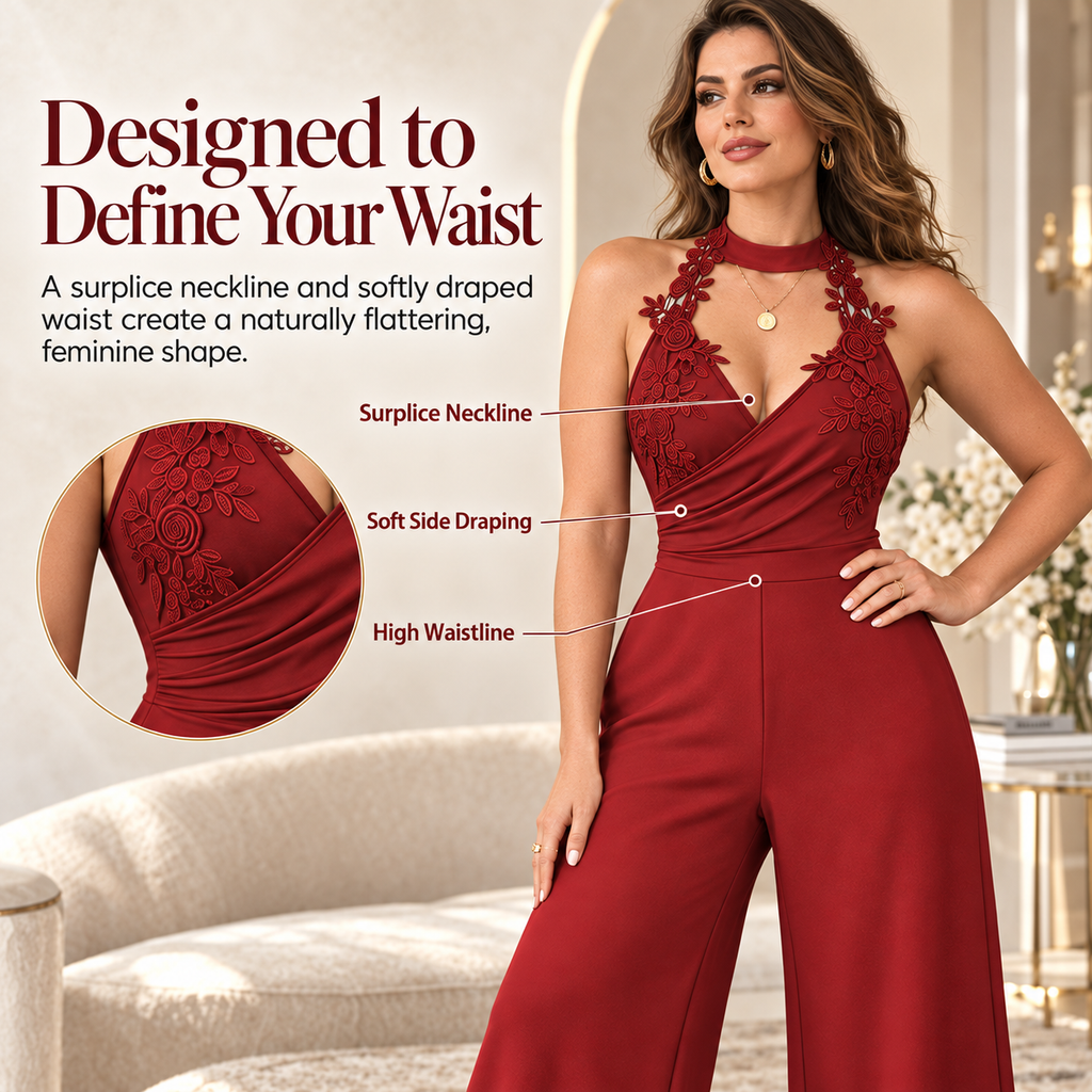 Floral Lace Halter Neck Wide-Leg Jumpsuit for Women | Evening Party & Wedding Guest