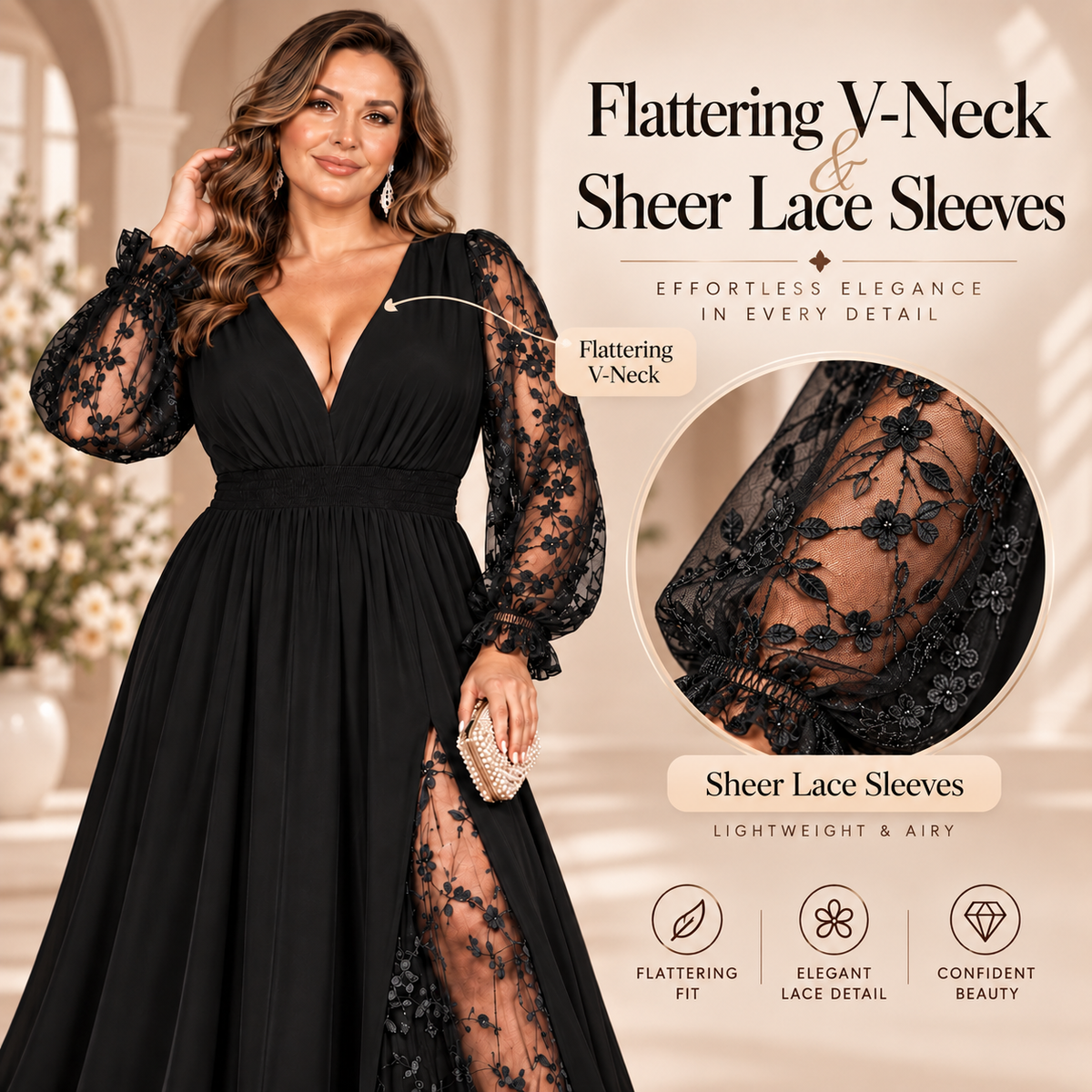 Plus Size Lace Sleeve Deep V-Neck A-Line Maxi Dress