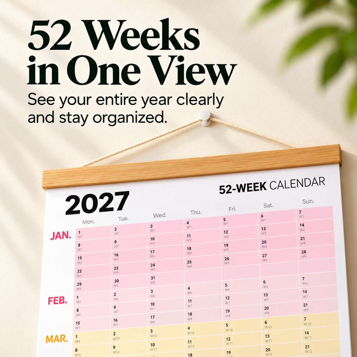Close-up of 2027 52-week planner with weekly overview and monthly sections